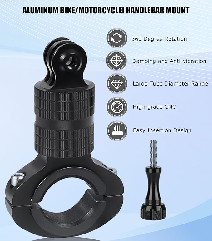 Niewalda Aluminum Bike/Motorcycle Handlebar Mount for GoPro, AKASO Campark and Other Action Cameras, 360 Degrees Rotary Motorcycle Camera Mount Upgrade