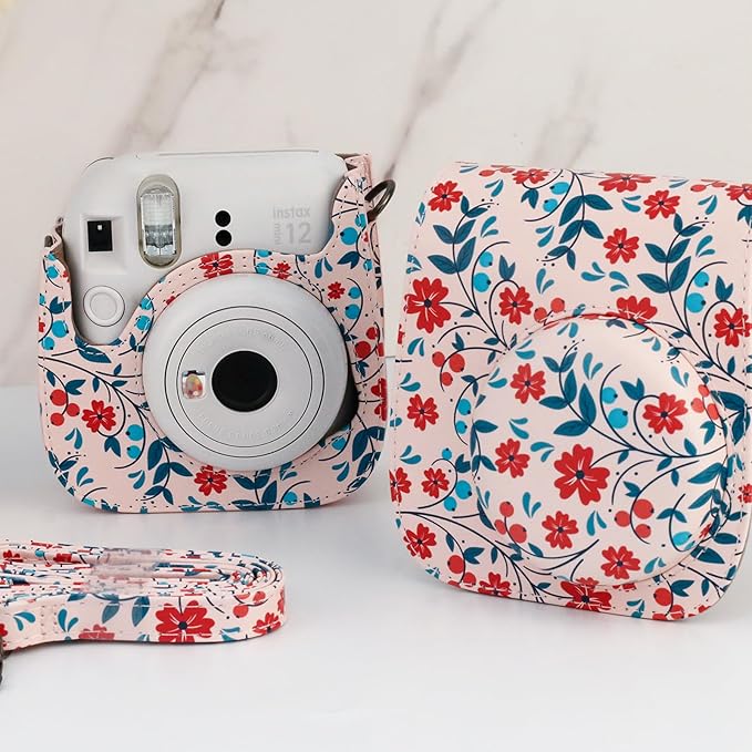 Frankmate Protective Case Fit for Fujifilm Instax Mini 12 11 9 8 Camera, PU Leather Camera Bag with Pocket and Adjustable Shoulder Strap (Red Flowers)