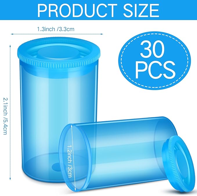 JOVITEC 30 Pack Plastic Film Canister Holder 35 mm Empty Camera Reel Containers Pill Medicine Bottles with Lids for Small Accessories, Prescription Medication, Vitamins, Coins, Art Beads(Blue)