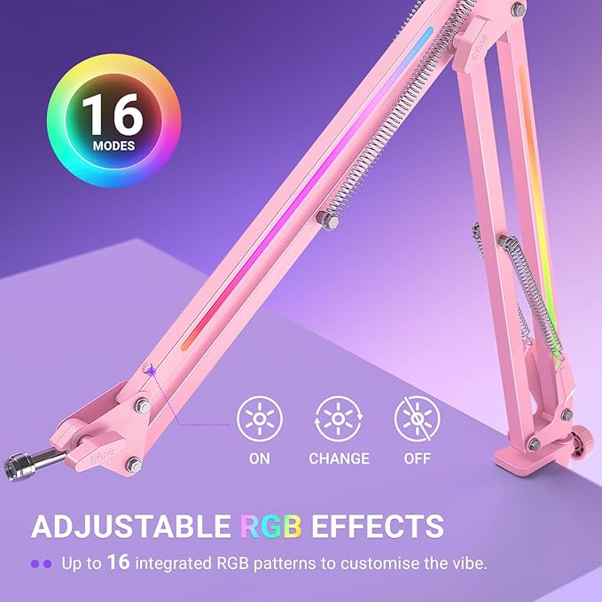 FIFINE Microphone Boom Arm, Metal Adjustable Mic Arm Stand with RGB Button, 3/8” to 5/8” Screw Adapter, Desk Mount Clamp, Suspension Scissor Mic Stand for Gaming Streaming Podcast-AmpliGame BM38P