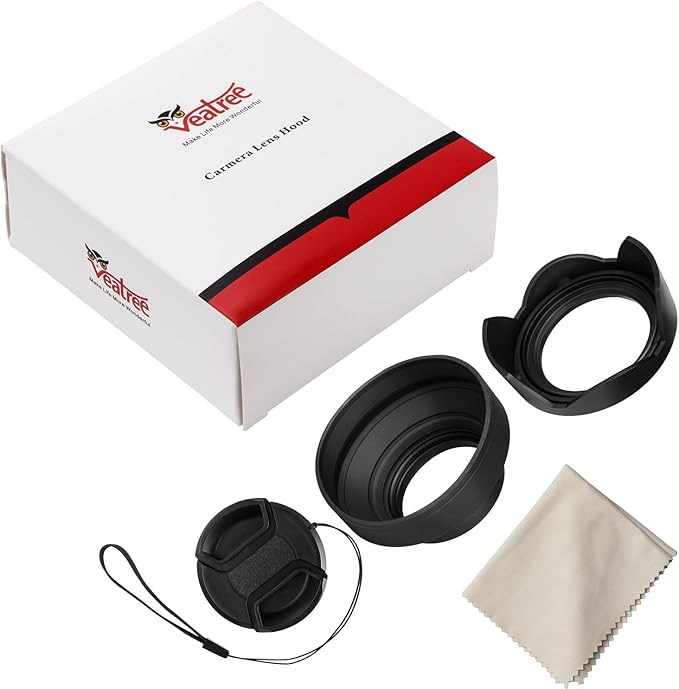 Veatree 77mm Lens Hood Set, Collapsible Rubber Lens Hood with Filter Thread + Reversible Tulip Flower Lens Hood + Center Pinch Lens Cap + Microfiber Lens Cleaning Cloth