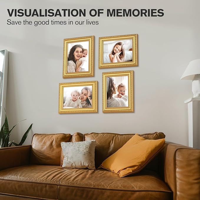 8x10 Gold Picture Frame Set of 2, Ornate Vintage 8 x 10 Photo Frame for Wall Decor or Tabletop Display, 8x10 Gold Frames with Real Glass, Display 5x7 Pictures with Mat or 8x 10 without Mat for Antique Déco