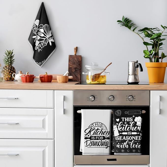 6 Pcs Kitchen Towels Decorative Set Chicken Rooster Dish Hand Towels Farmhouse Funny Quotes Chef Prints Tea Cloths for Home Bathroom Kitchen Decor Gifts(Black, White,Utensils)
