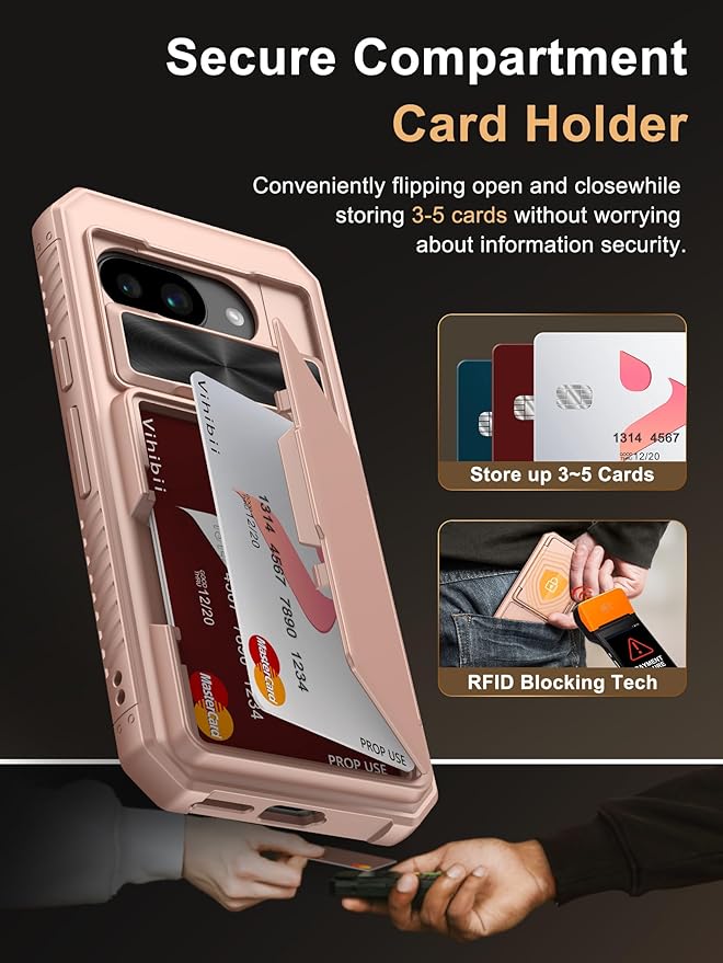 Vihibii for Google Pixel 9a Case Wallet with Card Holder (4 Cards) [RFID Blocking] & Slide Camera Cover & Raised Edges Protect Screen, Shockproof Rugged Phone Cover for Google Pixel 9a 2025, Rose Gold