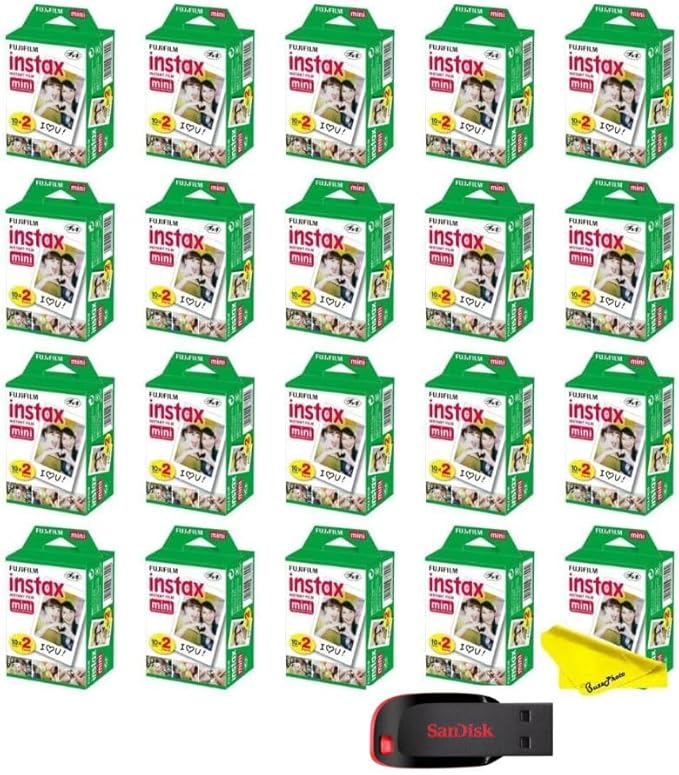 Fujifilm Instax Mini Instant Camera Film with Sandisk 32 GB USB Flash Drive + 20 x Mini Twin Packs (400 Sheets) and Buzz-Photo Microfiber Cleaning Cloth