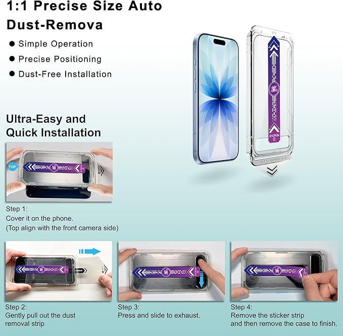 SHANG PIN JIA 2 Pack Screen Protector Tempered Glass for iPhone 17&16 Pro 6.3-Inch Auto Dust Removal, No Bubbles, High Definition Clear, Easy Installation