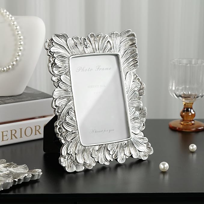 Cuspin 4x6 Picture Frame Silver, Vintage Ornate Palm Leaves Textured Hand-Crafted Resin Frames with Glass Front, Elegant Wedding Frame for Wall Hanging and Tabletop Display Home Decor