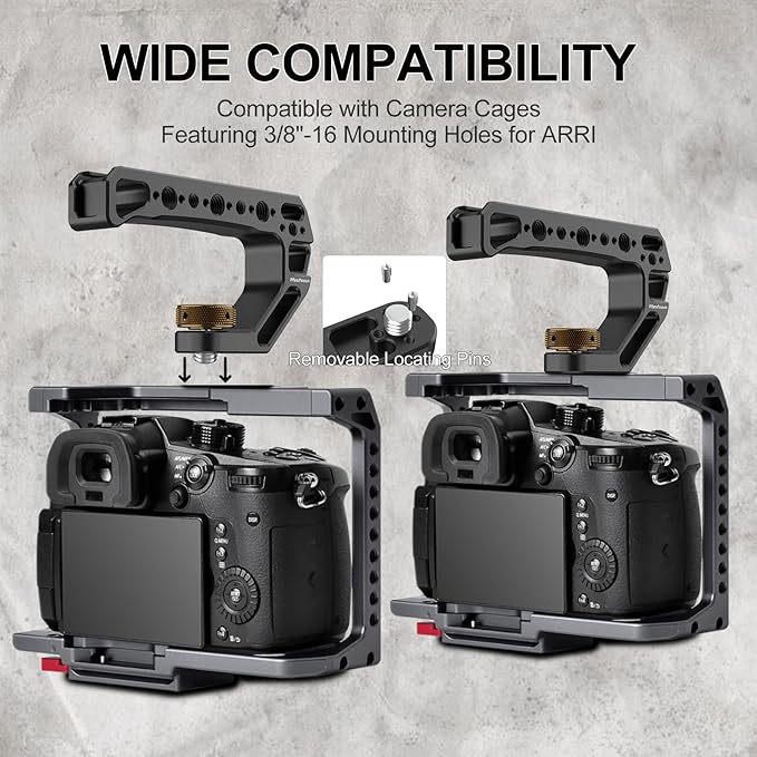 Camera Top Handle with 3/8"-16 Locating Pins for ARRI Grip for Camera Cage, Universal Top Handgrip with 5 Cold Shoe Adapters, Ergonomic Design, 1/4" and 3/8" Threads with Microphone/LED Light/Monitor