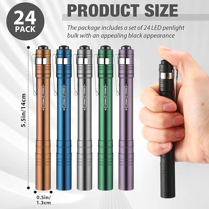 24 Pack Christmas Mini Pen Flashlights Bulk Gifts LED Pen Lights Aluminum Pocket Flashlights with Clips Small Handheld Torches for Men Camping Hiking Emergency Outdoor (Colorful)