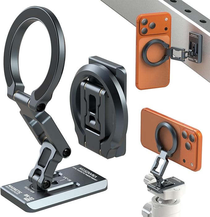 Dual Magnetic Phone Holder Gym Magnetic Stand,Tripod Phone Mount (1/4'' Hole& ARCA-Swiss),Portable Phone Grip for iPhone 12/13/14/15/16/17-Desk/Car/Gym/Golf Cart/Airplane Use Stand (Grey)