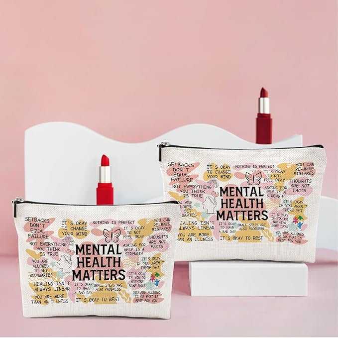 2PCS Mental Health Gifts Makeup Bag, Positive Affirmations Mental Health Awareness Inspirational Gifts for Women Friend Coworker Birthday Friendship Mothers Day Travel Toiletry Cosmetic Bag
