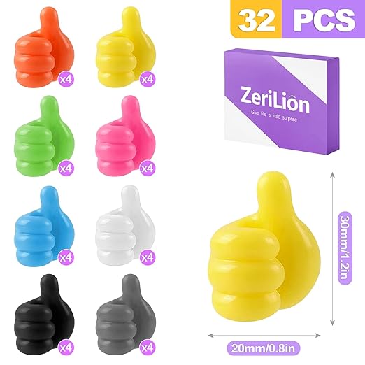 32 Pack Thumbs Up Wall Hooks, Self-Adhesive Silicone Clips for Cable Management, Key Holder, Desk Organizer, Fun Decorative Hooks for Office and Home