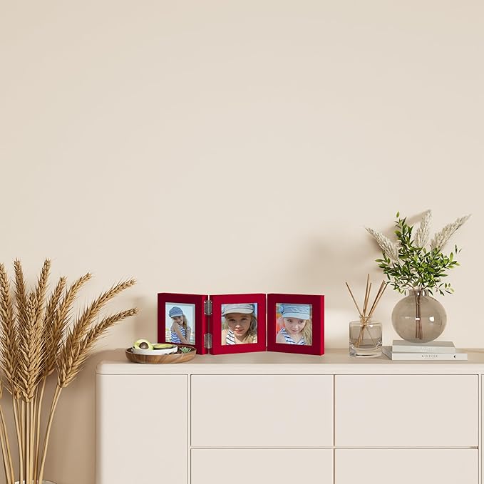 decorUhome Triple 4x4 Picture Frame Vertical, Engineered Wood Trifold Photo Frame with Plexiglass for Tabletop Display, 4x4, Red