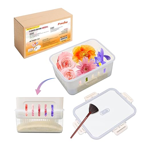 5LBS 4-in-1 Fonday Silica Gel Flower Drying Crystals for Wedding Bouquet Preservation with Sealed Container filterable basket and Brush Color Indicating Reusable Bead Size Less Than 1mm