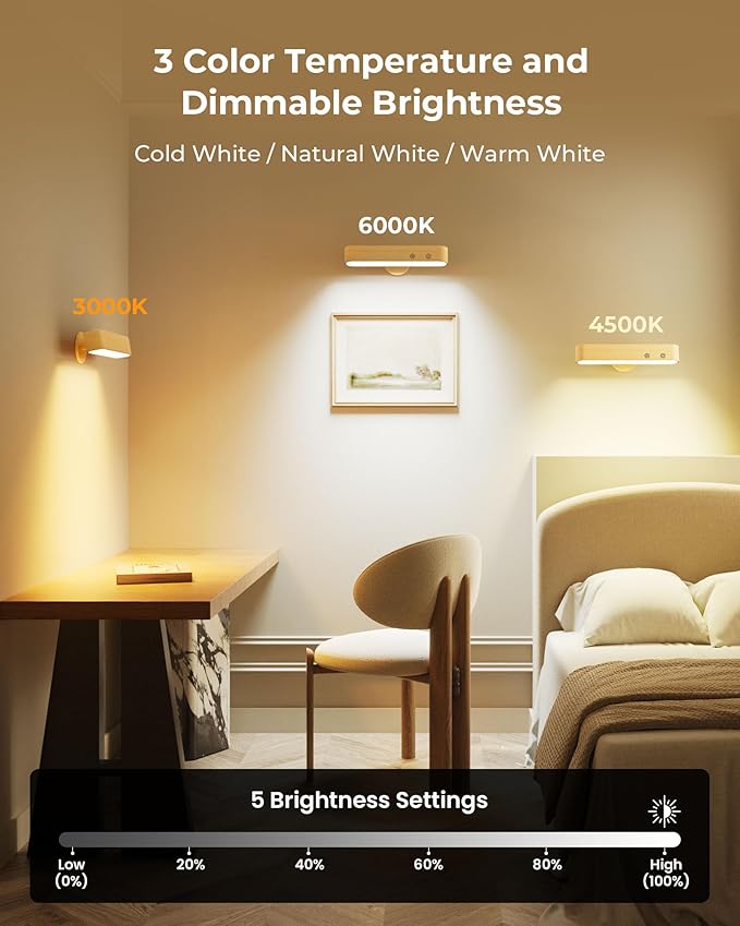 7500 mAh Rechargeable Wood Wall Sconce for Bedroom, LED Wall Light with Remote Control and Touch, 360° Magnetic Rotation, 3 Colours, Dimmable Wooden LED Wall Lamp with 15 RGB Colors,1 Pack