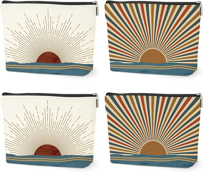 4PCS Sunshine Makeup Bag, Boho Gifts for Women, Natural Linen Zipper Pouch, Sunlight Rays Nature Best Sunshine Gifts for Girls Sister Travel Boho Cosmetic Bag