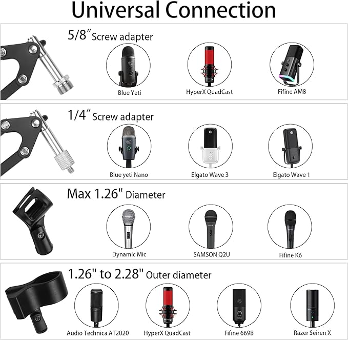 Microphone Stand Mic Boom Arm for Blue Yeti HyperX QuadCast SoloCast Yeti Nano Snowball SM7B Q2U Fifine K669B and Other Mics, Overhead Mic Stand Desk Boom Arm with 5/8" 1/4" Adapter