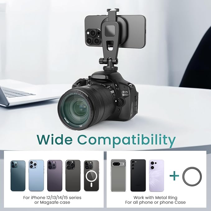 Victiv Magnetic Phone Tripod Mount with Cold Shoe, Adjustable iPhone Tripod Holder Adapter with 1/4” Screw, Camera Phone Mount for iPhone, Camera, Tripods
