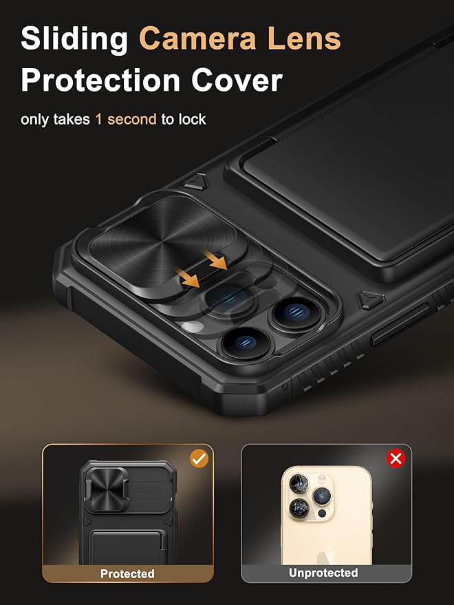 Vihibii for iPhone 13 Pro Max/iPhone 12 Pro Max Case with Card Holder (4 Cards) [RFID Blocking] & Slide Camera Cover, Military Grade Drop Protection, Rugged Back & Silicone Edge Wallet Case, Black