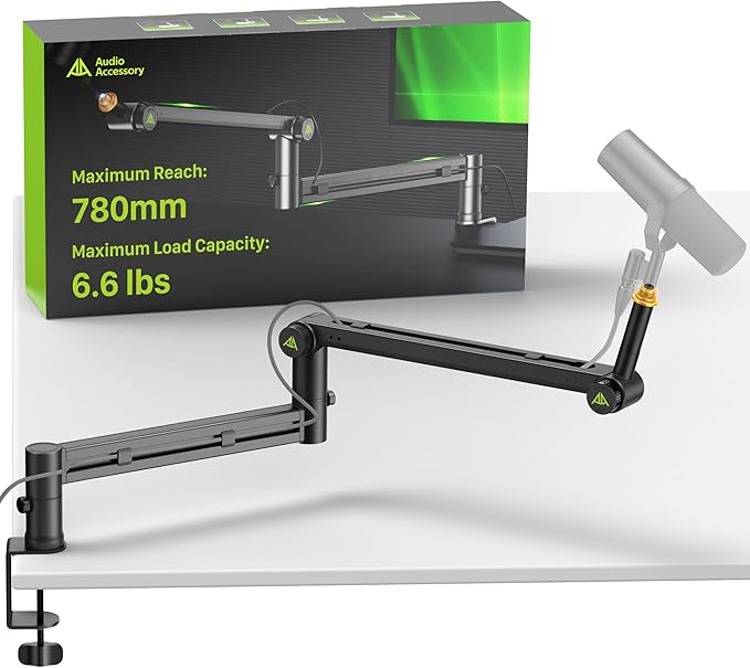 Low Profile Boom Arm (Design for Heavy Mic) 6.6lbs Load Capacity, Stable Gear Lock Structure Never Sags, Metal Microphone Stand Desk Mount for Shure SM7B MV7+, Blue Yeti,Rode PodMic