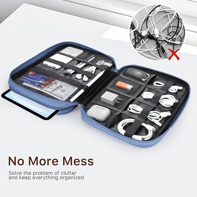 Dadanism Electronics Travel Organizer Case, Double Layers Cord Organizer Travel All-in-One Storage Bag for Cable, Cord, iPad, Chargers, fits 9-11'' Tablets, Portable Tech Accessories Bag, Blue