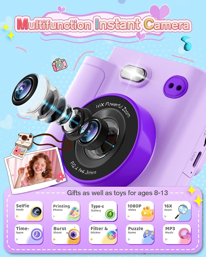 Kids Instant Print Camera - 1080P HD Toddler Digital Camera for 3 4 5 6 7 8 9 10 Year Old Girls Boys, Christmas Birthday Gift with 32GB SD Card, Selfie Mode, Portable Travel Toy, Fun Filters- Purple