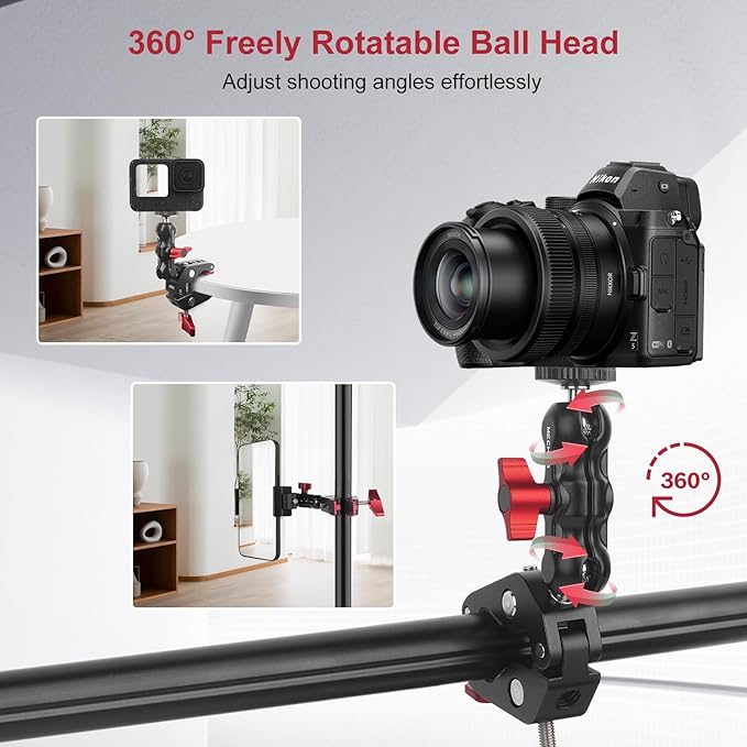 Camera Mount Clamp, Super Clamp with Dual Ballhead Magic Arm for/Phone Holder/Tripod Mount Adapter - 1/4" & 3/8" Holes,360°Adjustable for G0pro,Phone, Microphone,Monitor and Light JC009