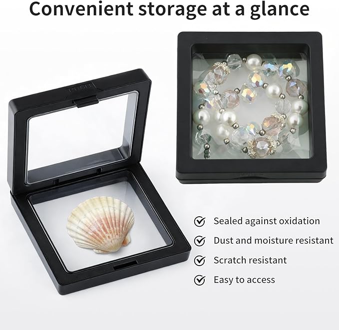 20 Pcs Black Seashell Holder, 3D Floating Display Box 2.7 x 2.7 Inches, Transparent Display Case for Sea Shell Collectibles, Jewelry, Rings, Crystal, Badges, Coastal Decor