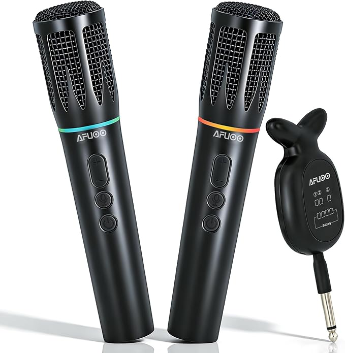 Rechargeable Wireless Microphones & Bluetooth Dual-Mics Receiver for Karaoke, Singing, Speech, DJ, 24H Battery, 200ft, RGB Light, Wireless Microphone Set for Mic/Aux/USB Port (Dual Mic, Black)