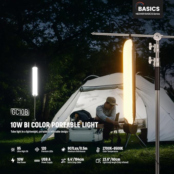 NEEWER BASICS 10W Handheld LED Fill Light 23.6"/60cm, Bi Color Portable Inflatable TPU Tube Lighting, 2700K-5600K CRI95 6.4' Cable USB A Powered for Studio Photography Video Recording Streaming, GC10B