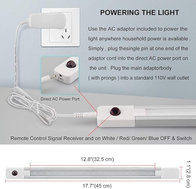 LUXSWAY Plug in Color Changing Led Bar Light,Led RGB Strip Light with Remote,Super Bright Under Cabinet Lighting,Multicolor Stick On Lights for Under Counter, Desk,Cupboard, Room (18 Inch)