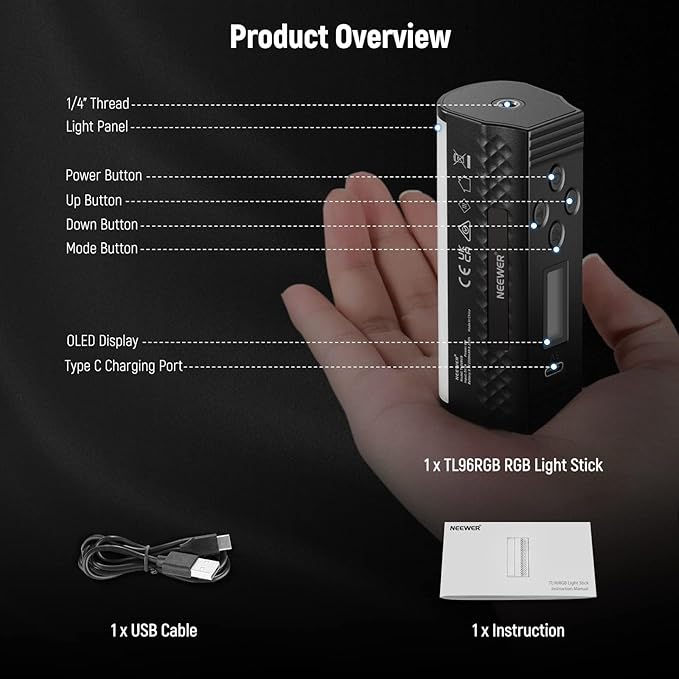 NEEWER Basic 2 Pack Magnetic Handheld Light Wand, 360° Full RGB Mini LED Video Light Stick with 2500mAh Battery,2500-8500K Dimmable Camera Tube Light for Photography TikTok YouTube Vlog,TL96RGB