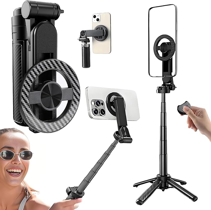 4-in-1 Multifunctional 360° Rotation Magnetic Selfie Stick with Detachable Wireless Remote for iPhone & Android, Portable Extendable Phone Tripod Stand for Travel Vlog Live Streaming