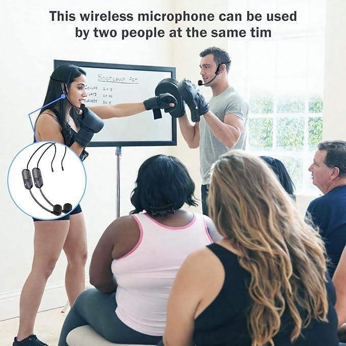 Wireless Microphone Headset Double Professional: Cordless Mic Head for Two People, Heads Handheld Mics 2 in 1- USB-C Rechargeable - 1/4'' and 1/8'' Plug for PA System, Voice Amplifier,Teaching,Fitness