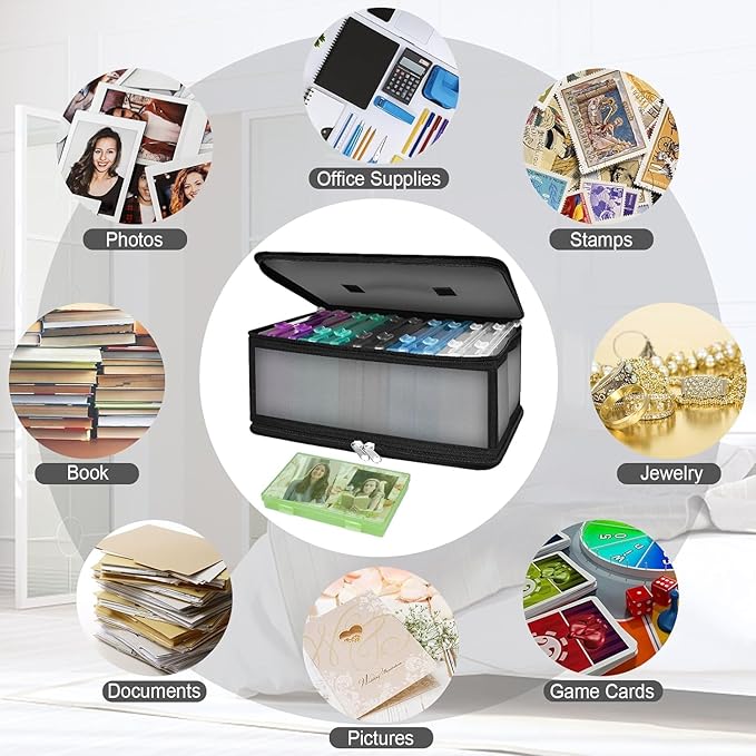 Bluedale Photo Storage Box with 10 Inner 4" x 6" Multicolour Photo Cases, Waterproof Craft Keeper with Handle, Organizer Container Box with 1 Sheet Label Sticker for Picture Seeds Craft Supplies