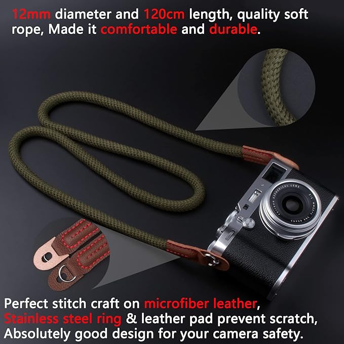 Camera Strap for Man Woman Photographer Soft Rope Neck Shoulder Strap for DSLR SLR Mirrorless Camera with Round Hole Interface 120cm Green