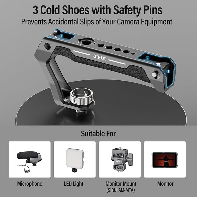 SIRUI Top Handle with 3/8"-16 Locating Pins Mount for ARRI, Camera Cage Silicone Top Handgrip with Cold Shoe with Safety Pins, 1/4" and 3/8" Threads for Microphone, LED Light, Monitor, SC-THA