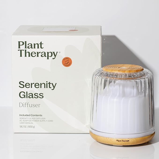 Plant Therapy Serenity Glass Diffuser, Elegant Glass Cover, Intermittent & Continuous Mist, Multiple Light Settings, Essential Oil Diffuser, 250 Square Feet Coverage