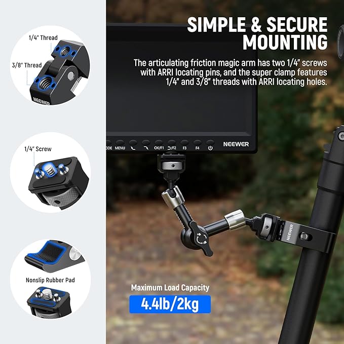 NEEWER 7" Articulating Magic Arm Clamp Mount with Super Clamp, Camera Monitor Mount with 1/4" 3/8" ARRI Locating Pins & Holes for DSLR Action Camera Video Light Compatible with SmallRig Cage, ST07C