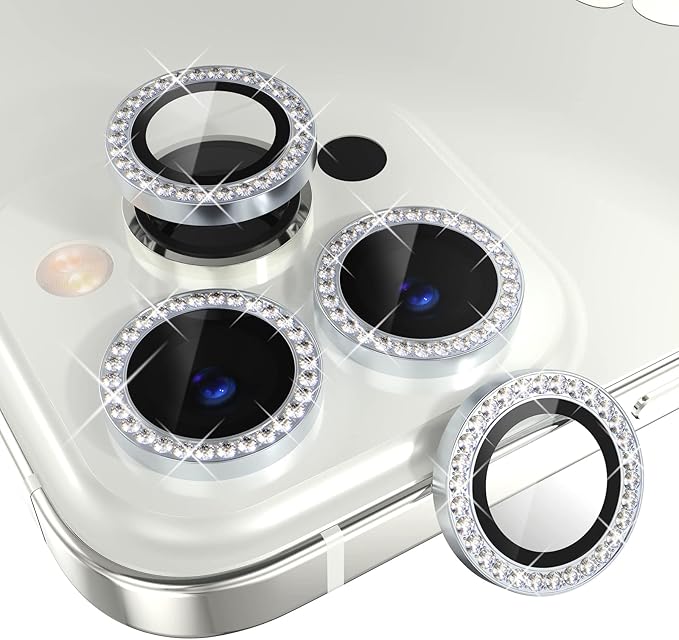Choiche Compatible for iPhone 14 Pro/iPhone 14 Pro Max Camera Lens Protector Bling, 9H Tempered Glass Camera Cover Screen Protector Metal Ring Decoration Accessories (Diamond-Silver)