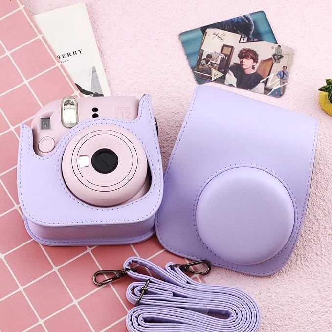 Frankmate Protective Case Compatible with Fujifilm Instax Mini 12 11 9 8 Instant Film Camera with Pocket and Adjustable Strap (Purple)