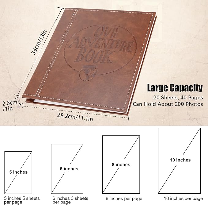 Self-Stick Page Adventure Book Scrapbook Photo Album,40 Pages Leather Cover DIY Photo Book for Family,Anniversary Wedding,Travel Memories Holds 3X5, 4X6, 6X8, 8X10 Photos (Brown)