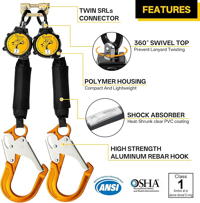 TRSMIMA Fall Protection Retractable Lanyard - 6FT Twin Leg SRL Self Retracting Lanyard for Roofing and Construction - Lightweight Webbing with Dual Aluminum Hooks