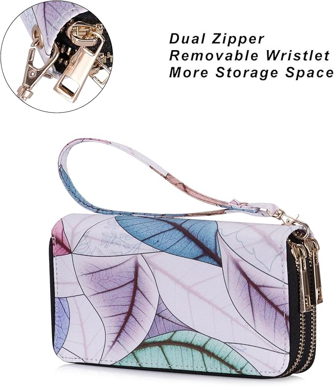 Cellphone Wallet for Women Dual Zipper Long Purse with Removable Wristlet