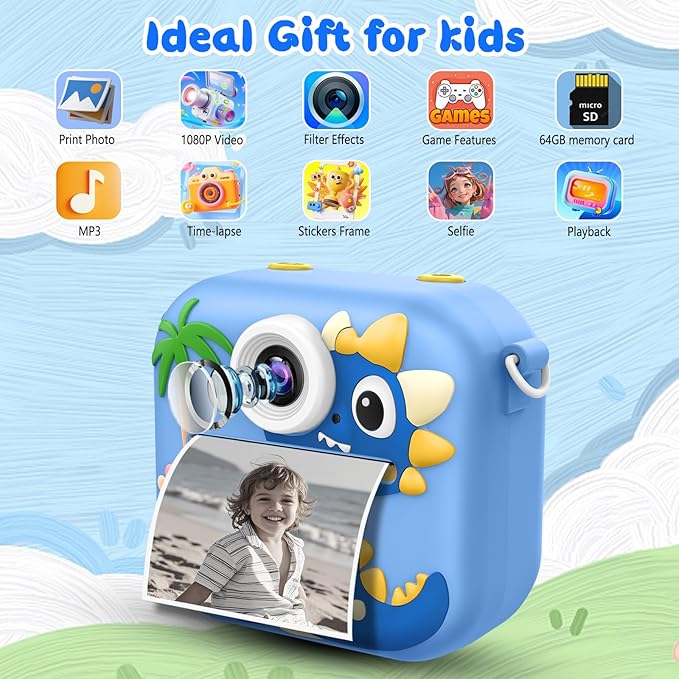 64GB Kids Camera Instant Print, 48MP New Year Birthday Gifts Instant Print Camera for Kids with Print Paper, 1080P Dual-Lens Selfie Instant Cameras Video for Girls Age 3 4 5 6 7 8 9 10 11 Toddler Toy