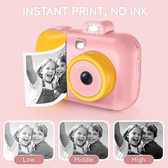 Instant Camera for Kids with Print Paper, 1080P HD Kids Camera Instant Print with 32GB SD Card, Girls Toys for Ages 5-7, Birthday Gifts for 5 6 7 8 9 Year Old Girls