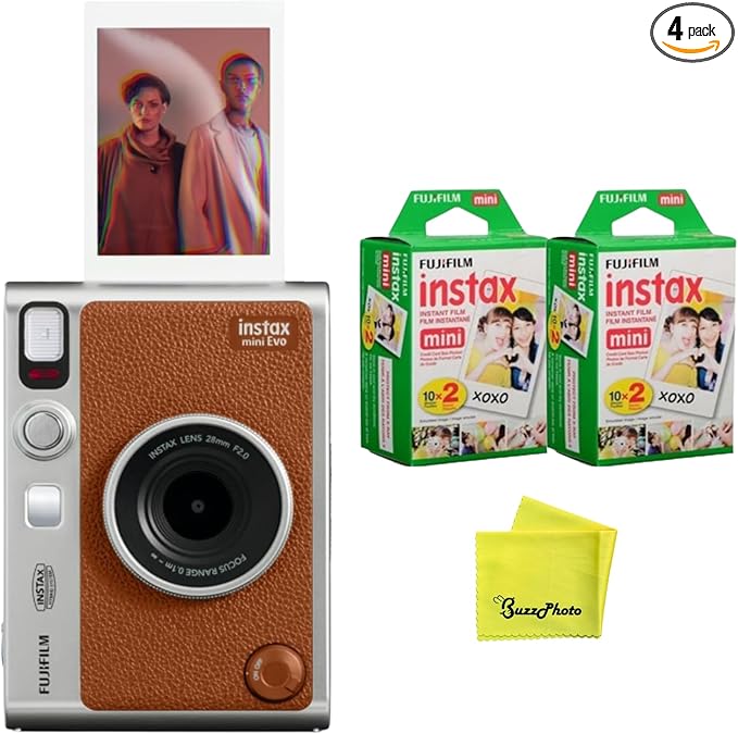 Fujifilm Instax Mini EVO Instant Camera (Brown) w/BuzzPhoto Microfiber Cleaning Cloth and 2 Twin Packs Mini Instant Film