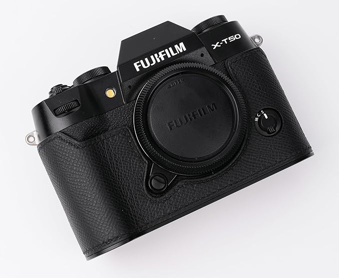 handmade Genuine Leather Camera Half Case for Fujifilm X-T50 - Top Layer Cowhide Body + Metal Base Plate - Hand Shank Free Design (Black)