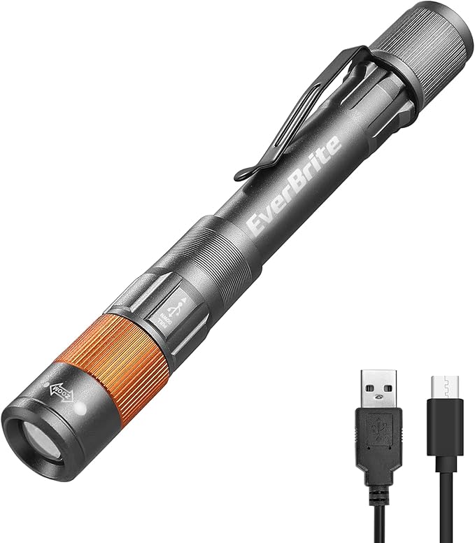 EverBrite Rechargeable Pen Light, 300 Lumens EDC Flashlight, Zoomable LED Pocket Flashlight with Clip, Memory Function and USB C Cable Included, for Camping, Emergency, Gray