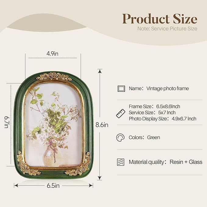 Cuspin Vintage 5x7 Picture Frame Green and Gold Decor, Ornate Arch Picture Frames with Glass Front for Tabletop or Wall Hanging Display, Antique Decorative Frame for Home Decor or Gift